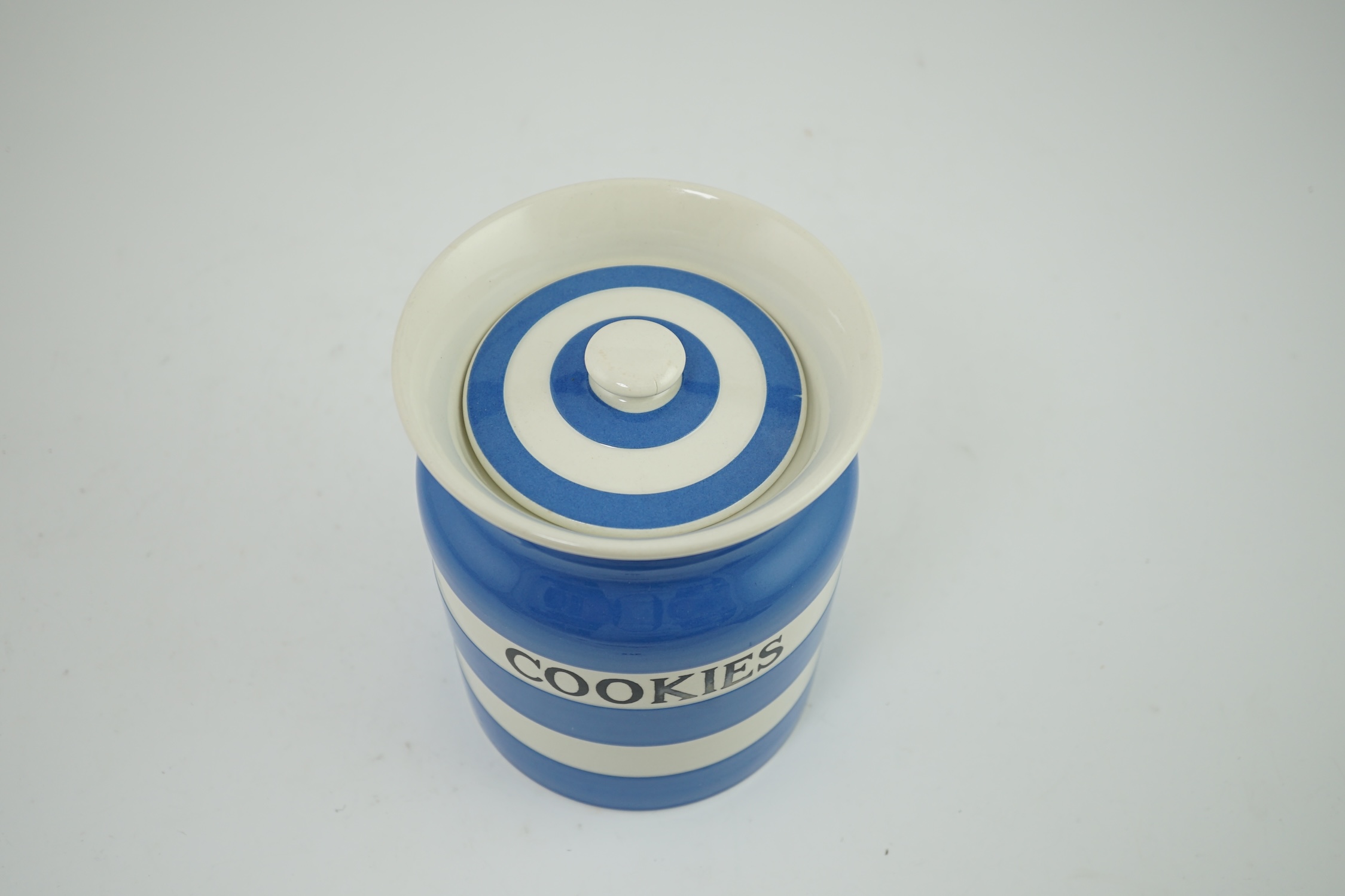 T.G.Green Cornish Kitchenware, a 17.5cm lidded storage jar, Cookies, Green Shield mark. Condition - good